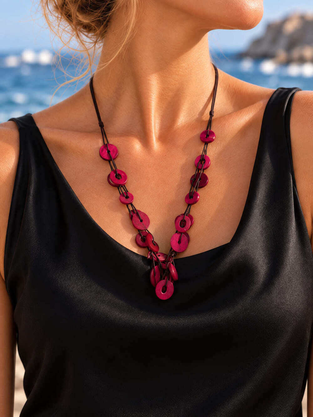 ⚜️ Fuchsia Shell-Look Disc Multi-Strand Necklace | Boho | Magenta 💗